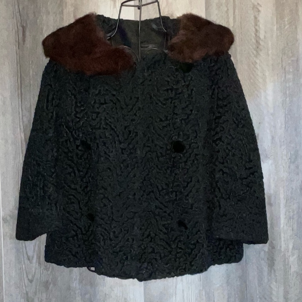Vintage 1950s Persian Lamb Jacket with Mink Fur Collar ILGWU Union Made Black